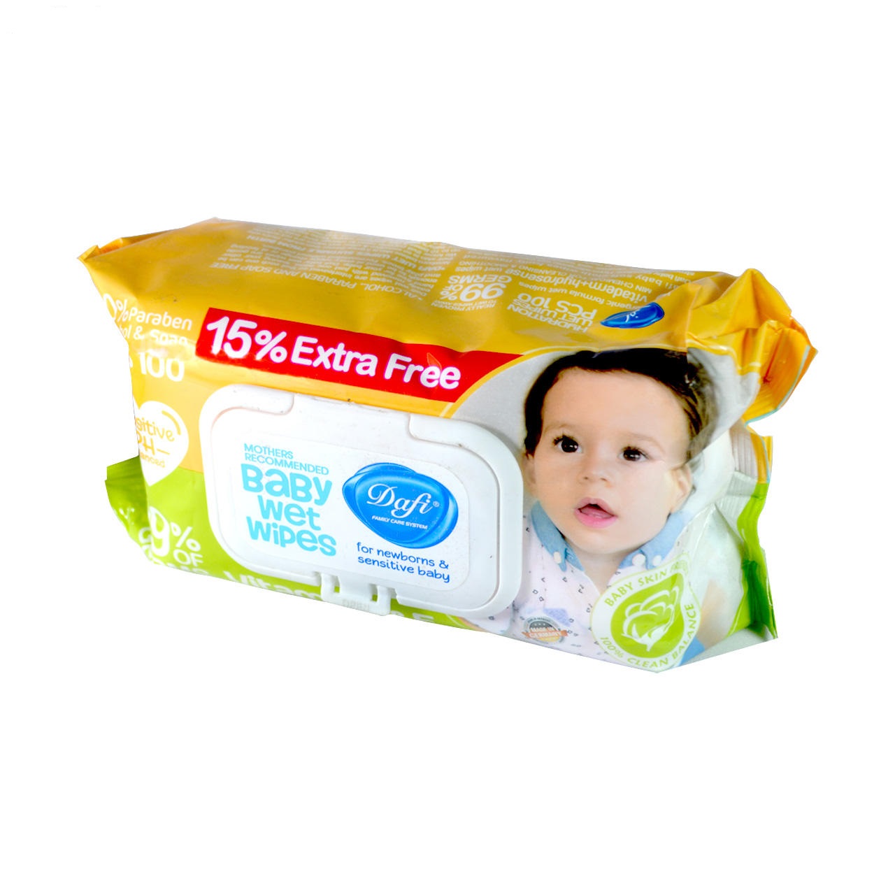 119780617 دستمال مرطوب پاک کننده کودک دافی مدل اکسترا بسته زرد 100 عددی - Image 1